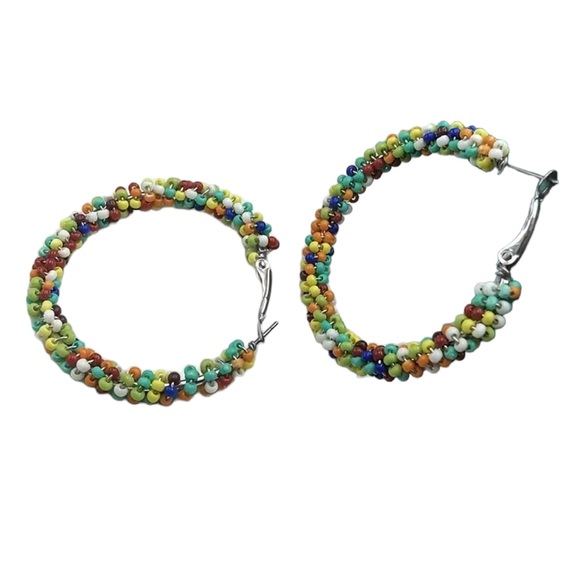 Boho Colorful Rice Beads Medium Hoop Earrings - Picture 4 of 8